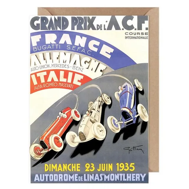 Vintage GP France 1935 Auto Racing Poster Card 100% Cotton  Tree Free Made in Switzerland  0000-2741