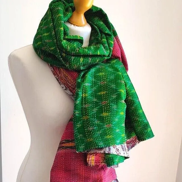 Ikat Print Embroidered Silk Shawl/Wrap - Green/Multi
