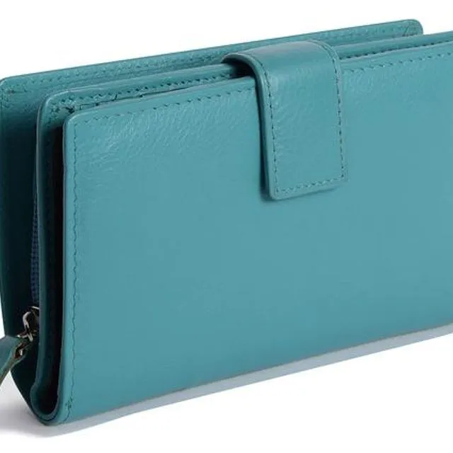 "HOLLY" Women's Luxurious Leather RFID Bifold Wallet Clutch with Zipper Purse (Teal)