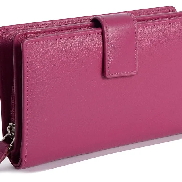 "HOLLY" Women's Luxurious Leather RFID Bifold Wallet Clutch with Zipper Purse (Magenta)