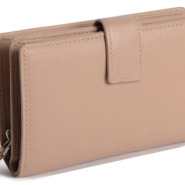 "HOLLY" Women's Luxurious Leather RFID Bifold Wallet Clutch with Zipper Purse (Taupe)