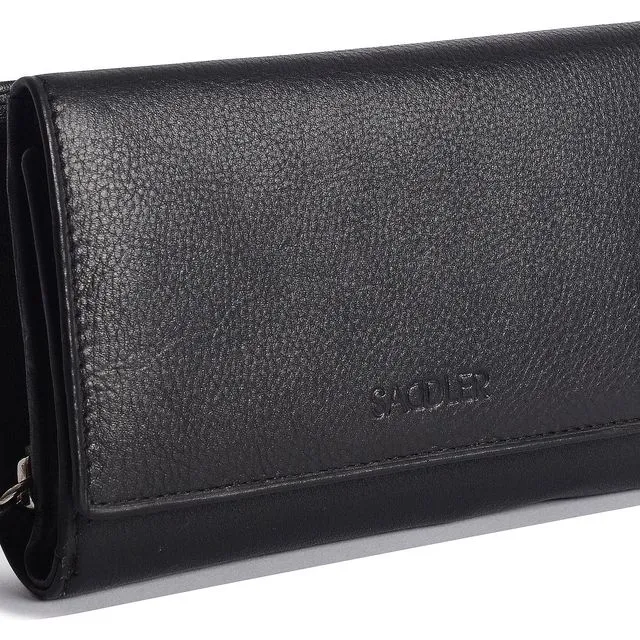 "ELEANOR" Women's Leather Trifold Wallet Clutch with Zipper Coin Purse (Black)