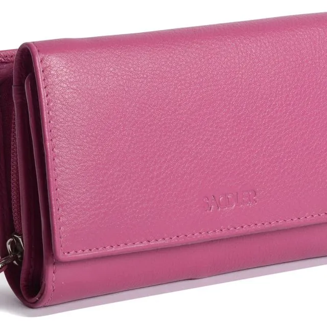 "ELEANOR" Women's Leather Trifold Wallet Clutch with Zipper Coin Purse (Magenta)