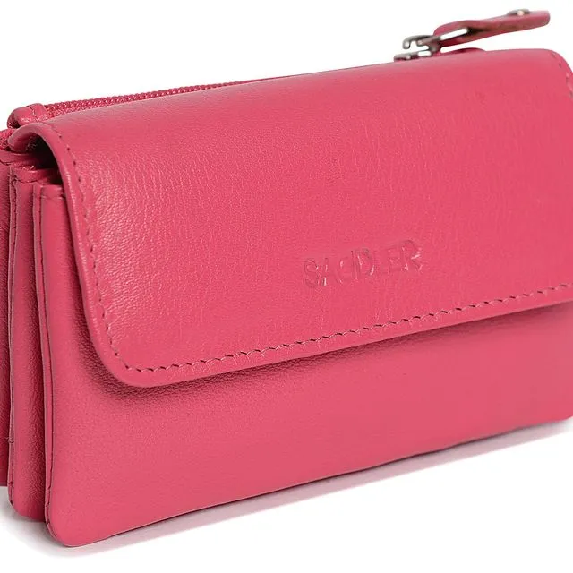 "LILY" Women's Leather Flap over Coin Purse & Credit Card Holder with Zip (Fuchsia)