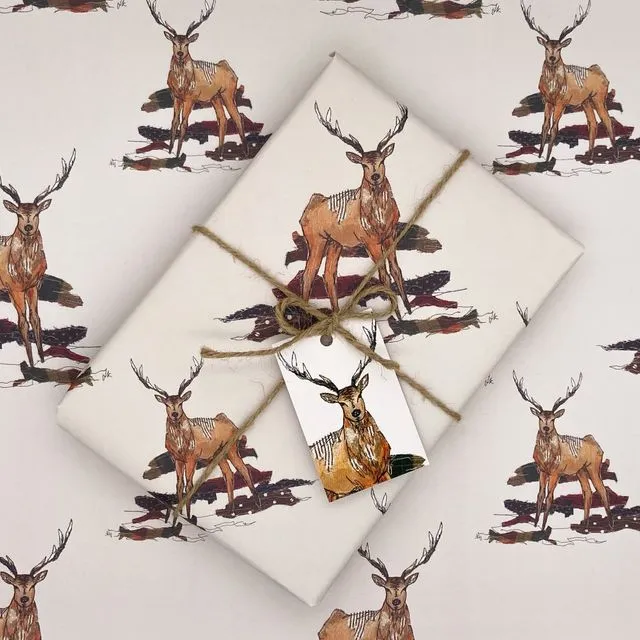 Staggering Stitch Stag Wrapping Paper & Matching Gift Tag