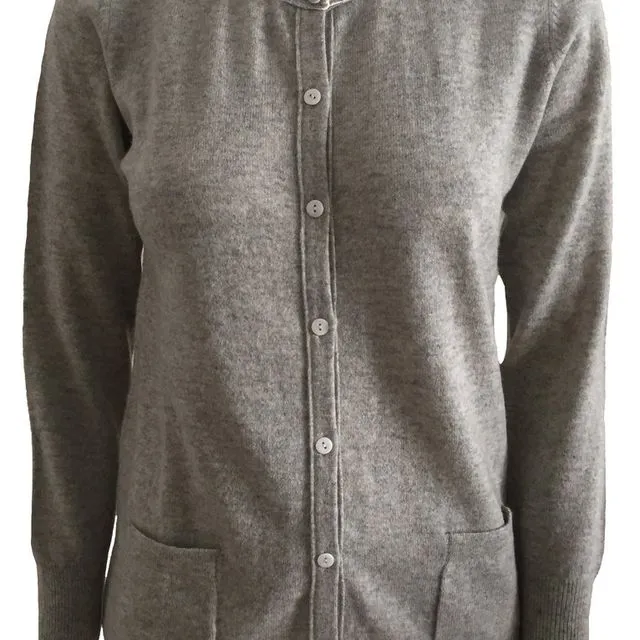 Cashmere cardigan front pockets 100% C Melange grey