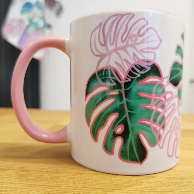 Monstera mug with pink interior
