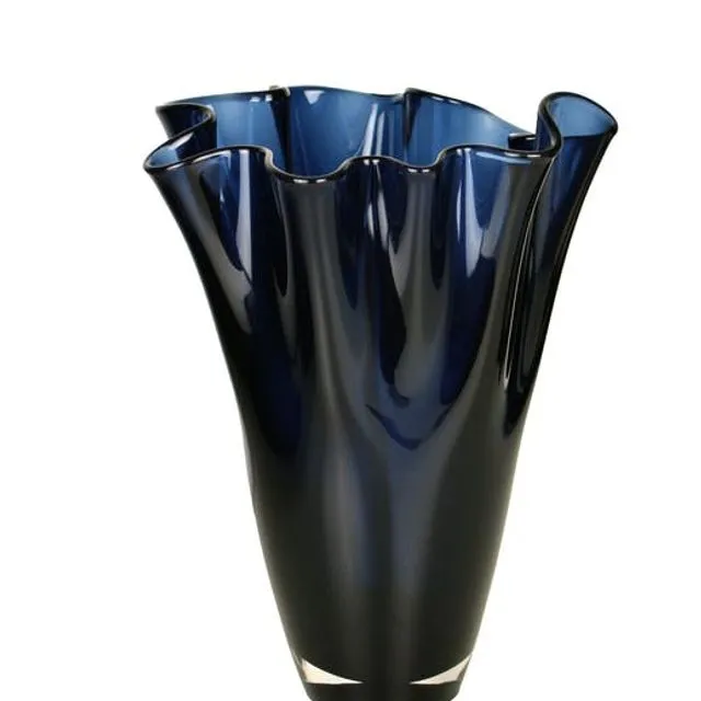 vase glass dark blue wavy handmade 30 cm flower vase