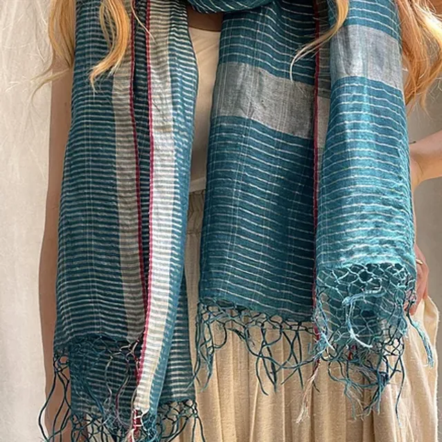 Linen Scarf Wrap in Teal/Silver