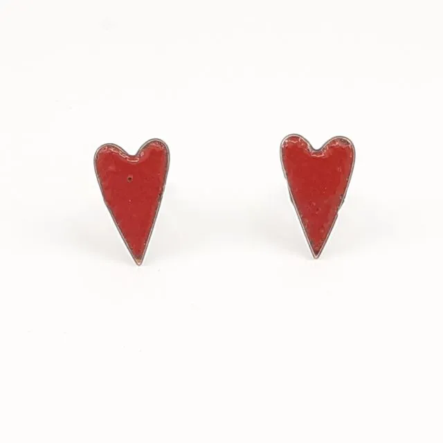 Copper Enamel elongated heart studs in bright red.