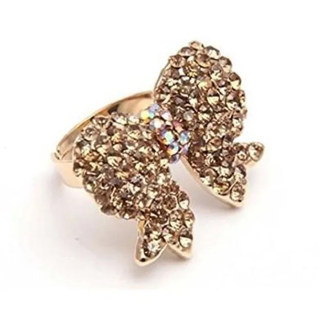 Designer Inspired Gold and Crystal 'Bow' Adjustable Cocktail Ring
