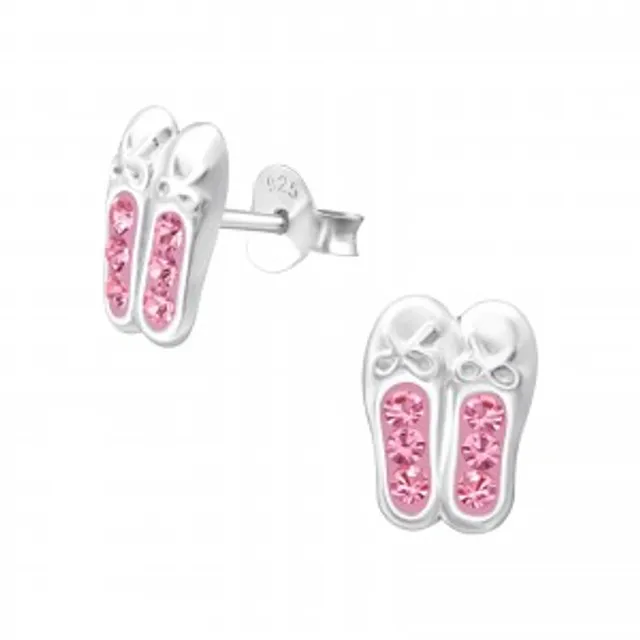 Children's Sterling Silver Ballet Shoes With Pink Diamante Stud Earrings