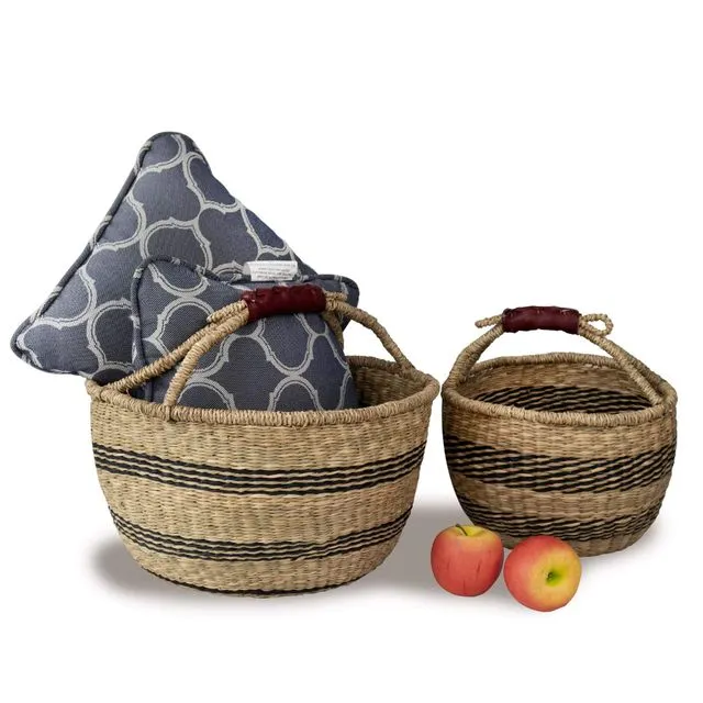 Wicker Bolga Basket | Woven Picnic & Market Baskets with Handles (Boho Brown)
