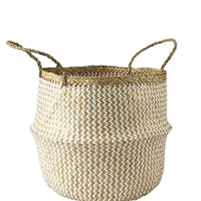 Belly Basket with Handles | Woven Baskets for Laundry Storage & Home supplies (Large) - White zigzag