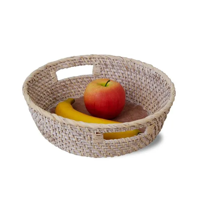 Rattan Wicker Tray with Wooden Base and Insert Handle | Decorative Tray for Ottoman (White Rattan)