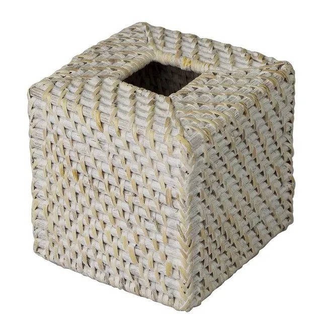 Cube Wicker Tissue Box Cover (Rattan) | Decorative Paper & Napkin Holder Dispenser (White)