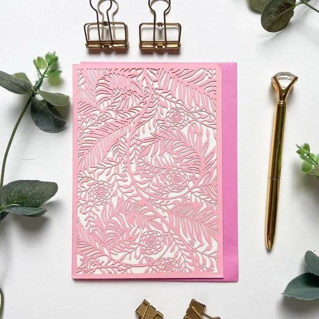 William Morris rose and larkspur card, Pink rose pattern card
