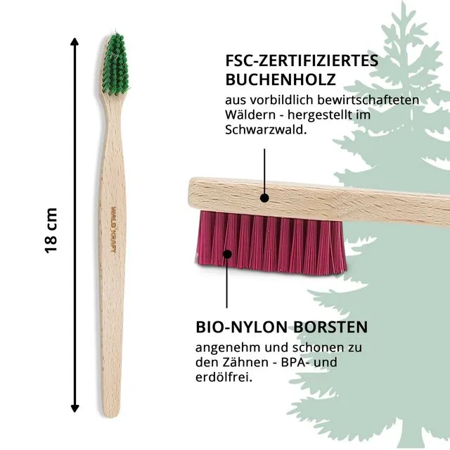 Wooden toothbrush, waxed beech wood, trim: organic nylon green (Pack of 12)