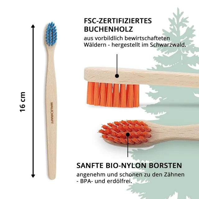 Wooden toothbrush, waxed beech wood, trim: organic nylon green Children (Pack of 12)