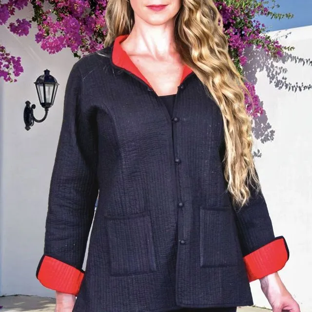 Black with Red Reversible Short Cotton Quilted Jacket