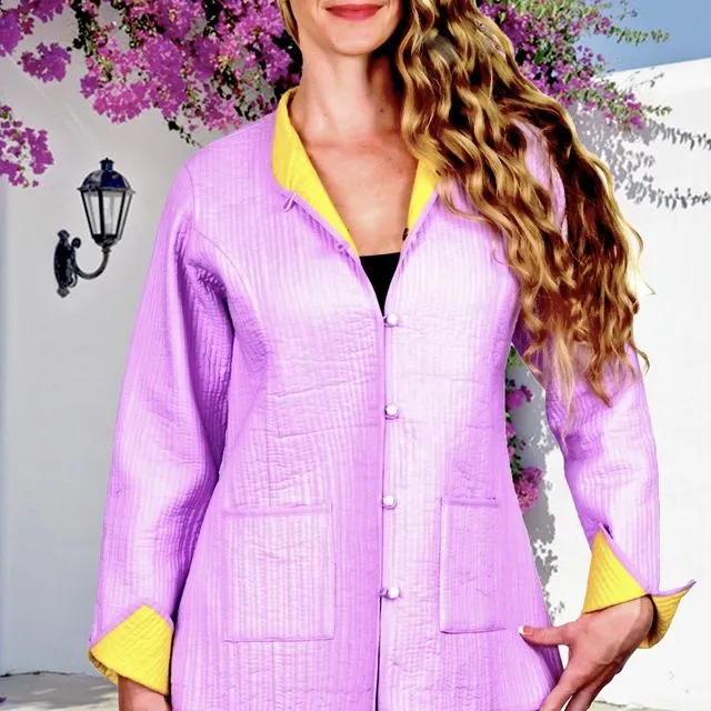 Lilac with Yellow Reversible Short Cotton Quilted Jacket