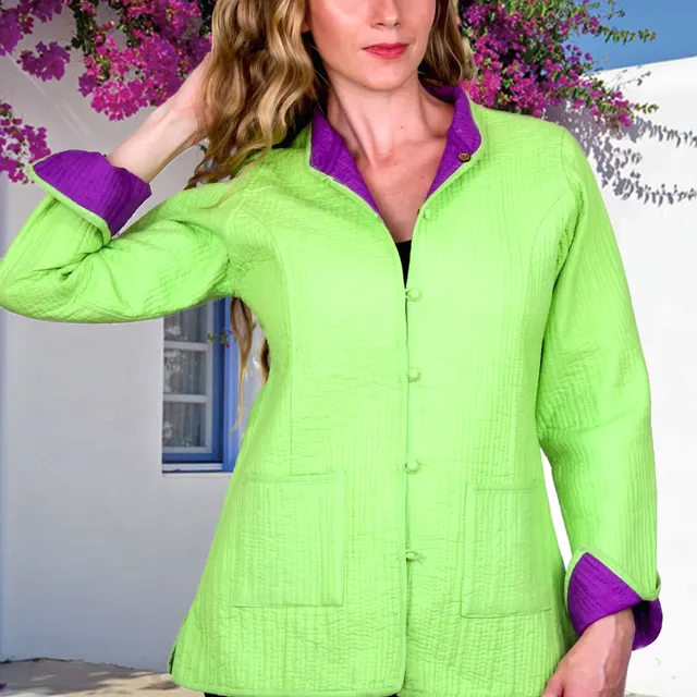 Lime Green with Purple Reversible Short Cotton Quilted Jacket