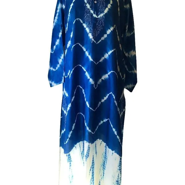 Pure Silk Long Blue and White Tie-Dye Kaftan