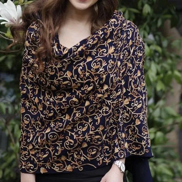 Black with Yellow Embroidered Wool Shawl