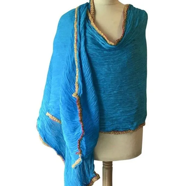 Turquoise Cotton Crinkled Stole With Gold Edging