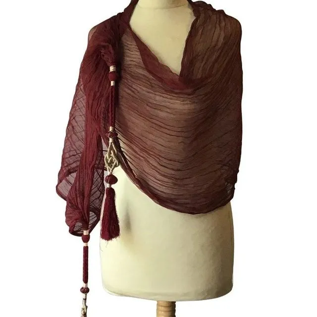Maroon Crinkled Chiffon Stole With Large Tassels At Both Ends