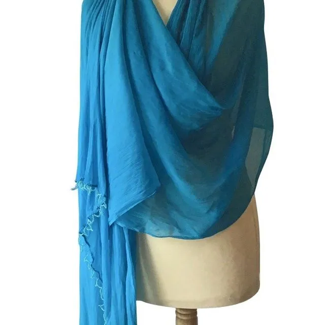 Turquoise Crinkled Chiffon Stole With Beaded Edging