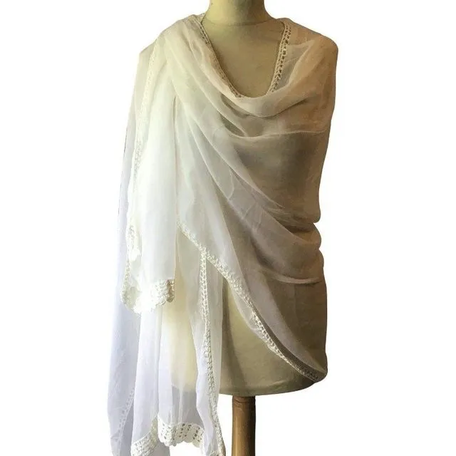 White Chiffon Stole With Crochet Border And Edging