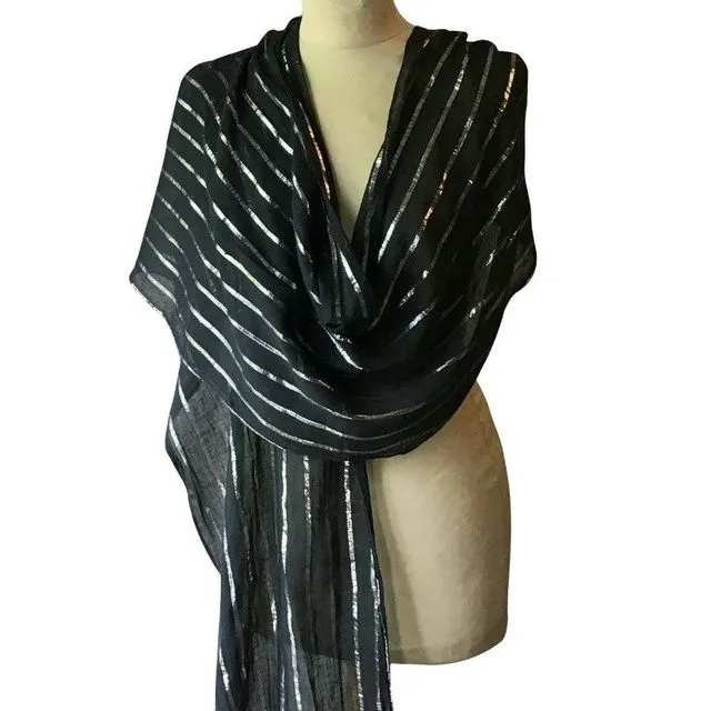 Black Cotton Stole With Silver Stripes