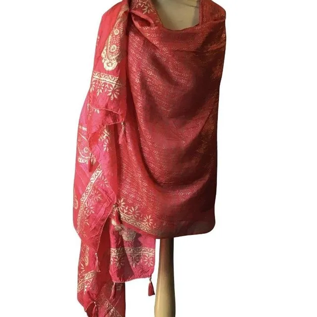 Red Art Silk Stole With All Over Gold (Khari) Block Print