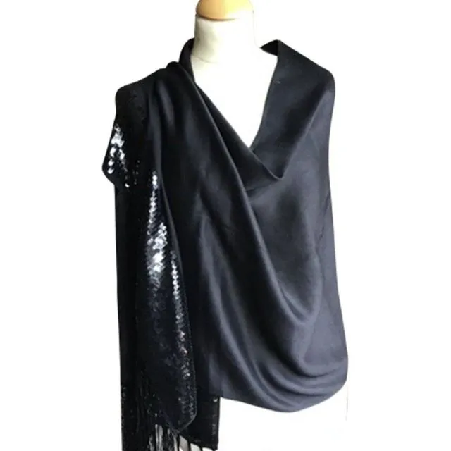 Black Satin Feel Stole With Black Sequinned Border And Long Tassels
