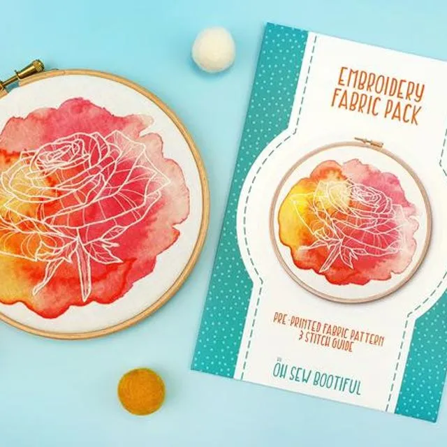 Watercolour Rose Embroidery Pattern Fabric Pack
