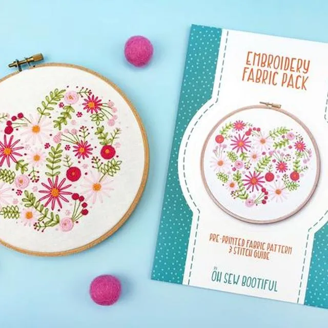 Pink Floral Heart Embroidery Pattern Fabric Pack
