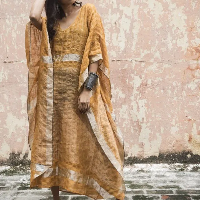 Striped Linen Summer Kaftan Dress in Turmeric and Gold