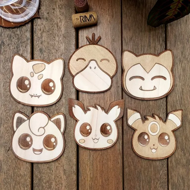 Set of 6 Cute Pokemon Wood Coasters - Choose any Pokémon - Cup Holders