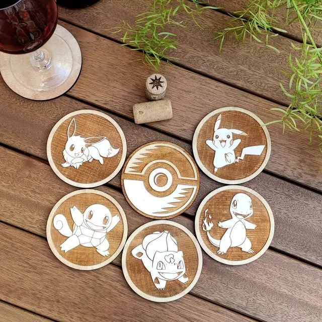 Set of 6 Pokemon Wood Coasters - Choose any Pokémon - Nintendo Coasters