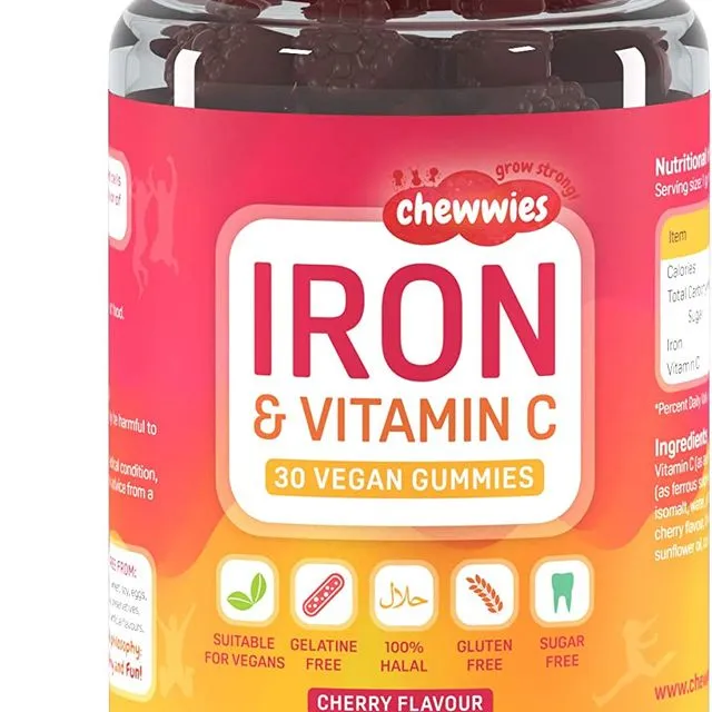 Iron & Vitamin C - Vegan Chewable Gummies - Sugar Free Ferrous Sulfate Iron | Helps Strengthen Your Immune System | 1-Month Supply by Chewwies Vitamins