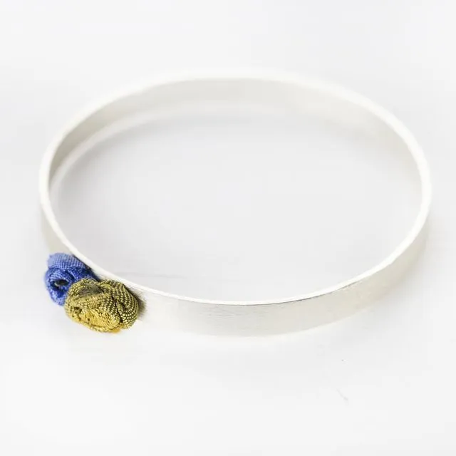 Floral Silver Bracelet - Straight with 2 Flowers (Blue/Gold)