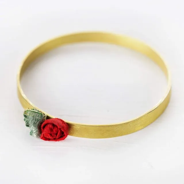 Flower Bangle Bracelet - Straight with 2 flowers (Red/Light Green)