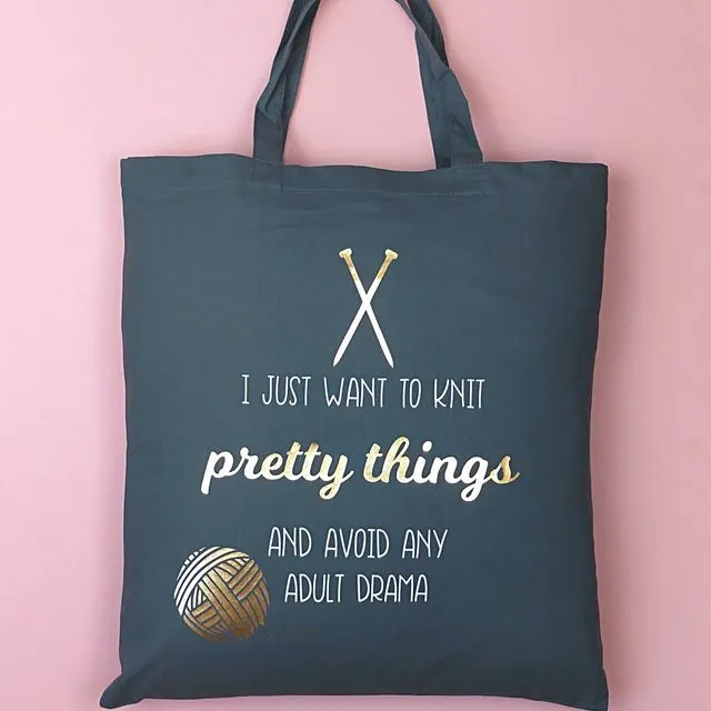 Knitting Project Bag with Gold Foil - Available in 3 Designs - Natural (Pack of 10)