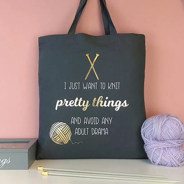 Knitting Project Bag with Gold Foil - Available in 3 Designs - Gray (Pack of 10)