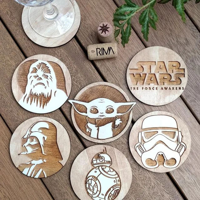 Set of 6 Star Wars Wood Coasters - Baby Yoda - The Mandalorian - Cup Holders