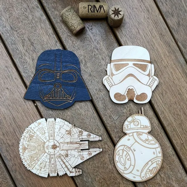 Set of 4 Star Wars Wood Coasters - BB8, Darth Vader, Stormtrooper & Millennium Falcon - Cup Holders