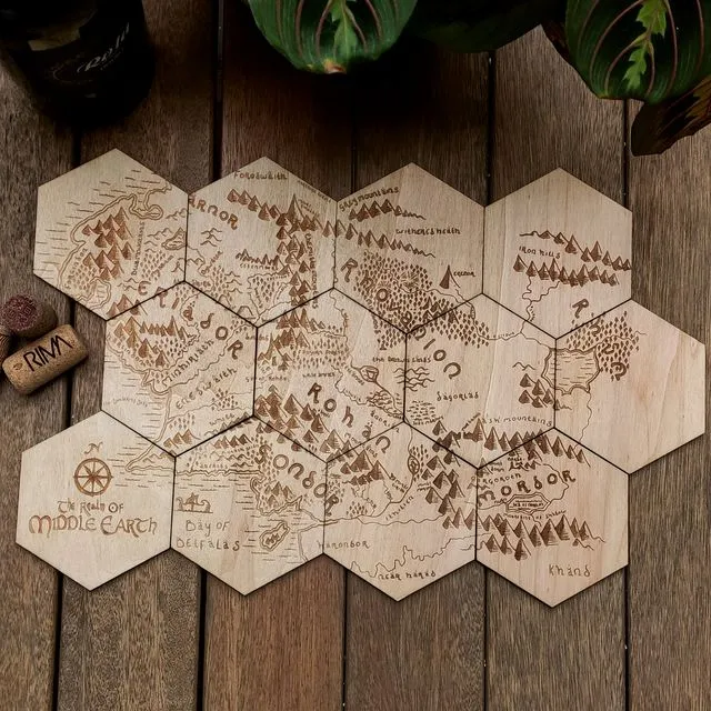 Set of 12 Middle Earth Wood Coasters - Housewarming Gift - Lord of The Rings