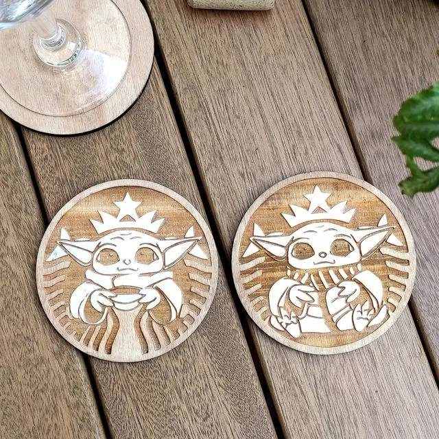 Set of 2 Starbucks Baby Yoda Wood Coasters - Coffee - Housewarming Gift - Star Wars