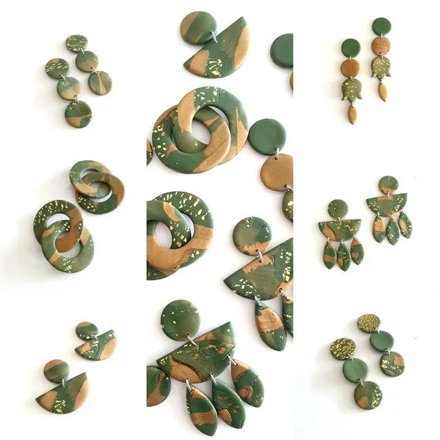 Olive collection of 6 polymer clay earrings with golden drops